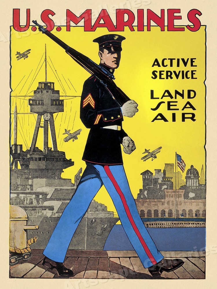 Enlist in the U.S. Marines - Land Sea Air - 1914 WW1 Poster - 18x24