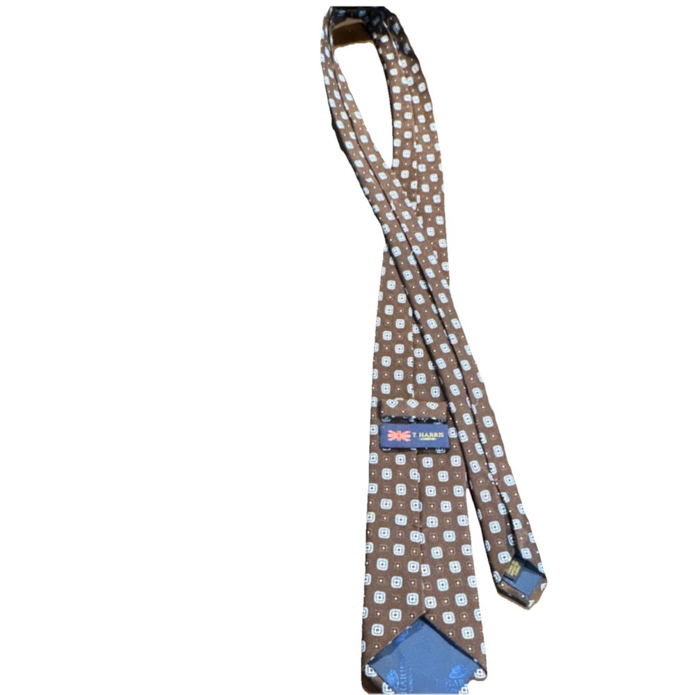 Vintage T. Harris Men's Silk Tie Brown Blue Geometric Woven Pointed Neckwear