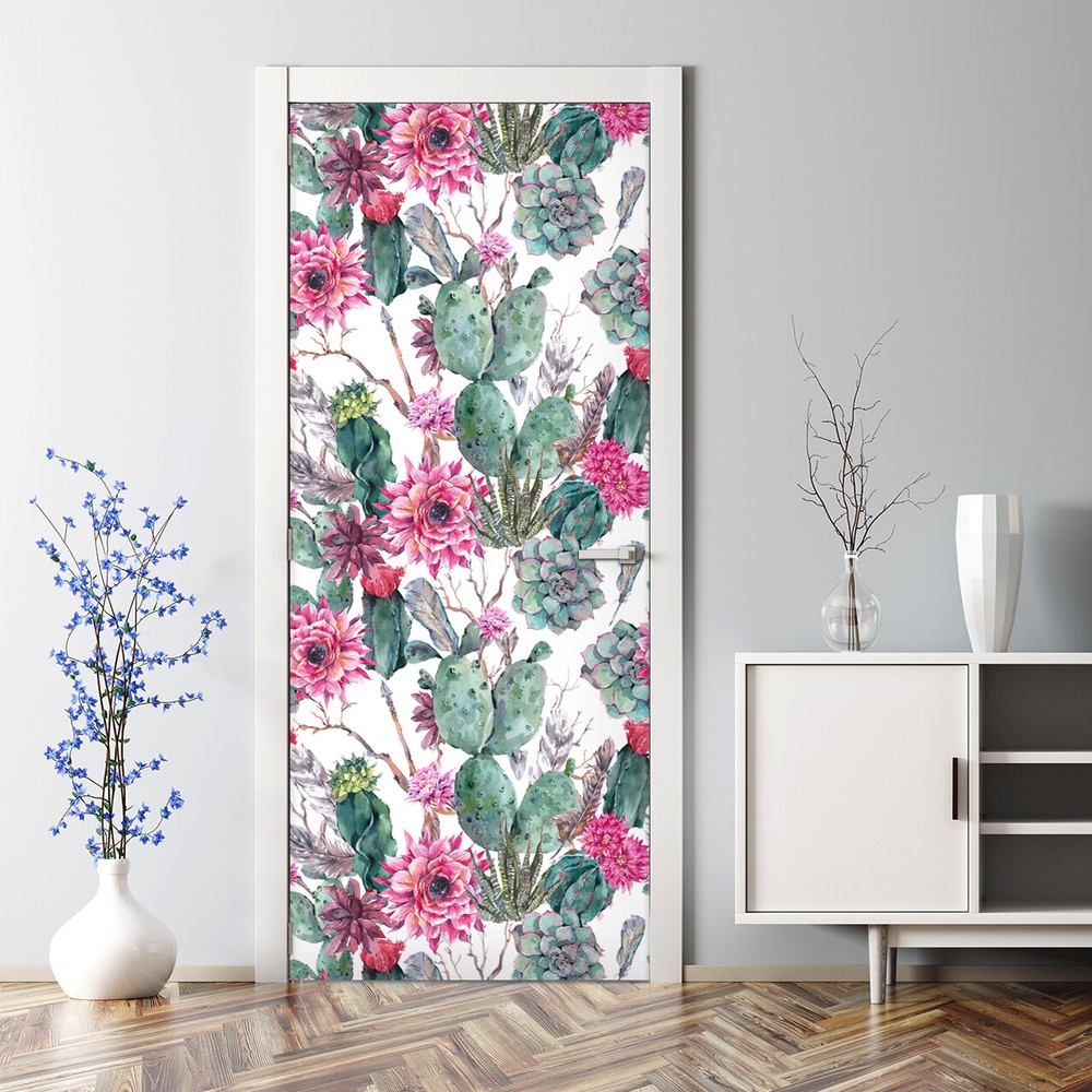 Adhesive Door sticker Cactus Succulents Boho style Watercolour painting decors