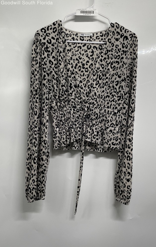Zara Womens White Black Leopard Print Long Sleeve Faux Wrap Blouse Top Size M