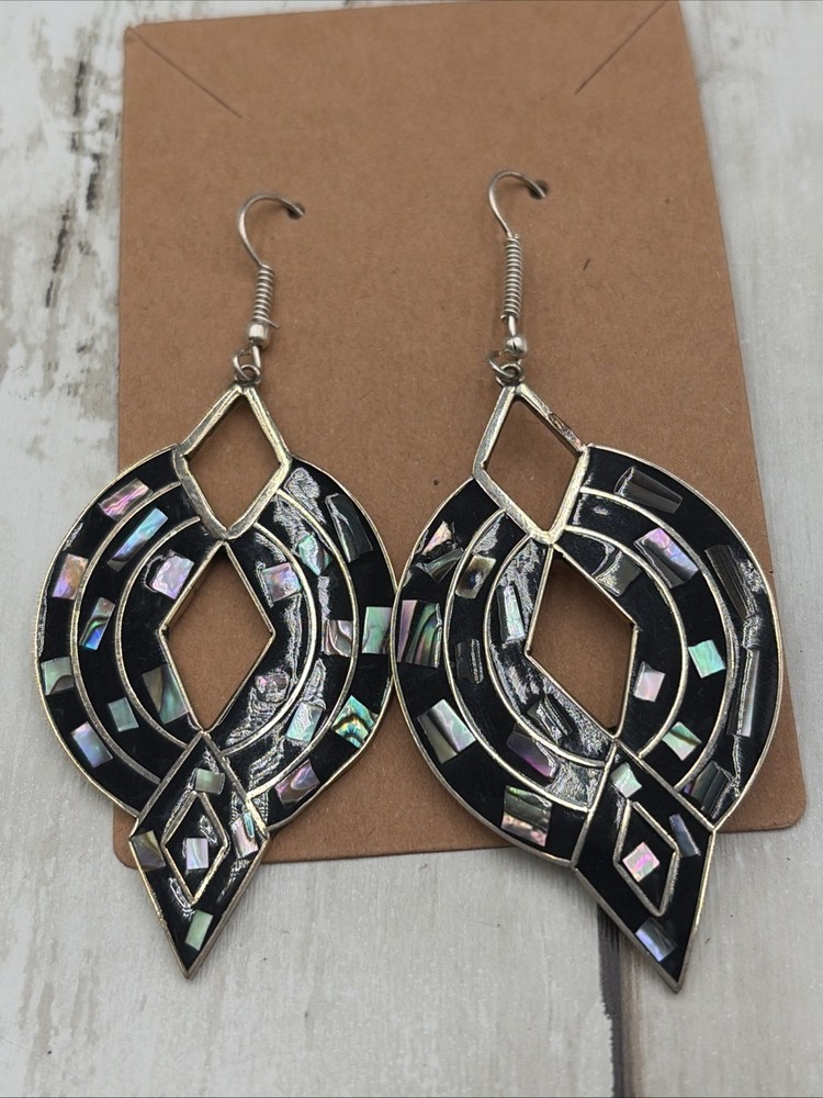 Vintage Alpaca Mexico Silver Abalone Shell Inlay Large Geometric Dangle Earrings