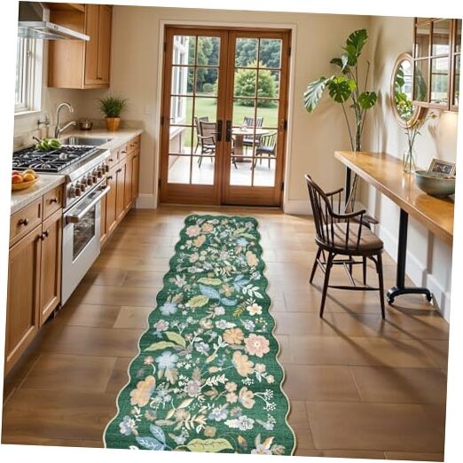 2x10 Scalloped Non-Slip Washable Farmhouse Floral Hallway Runner Rug  