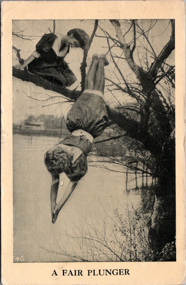 Vintage RPPC A Fair Plunger Woman Upside Down Tree Diving Postcard c1910s