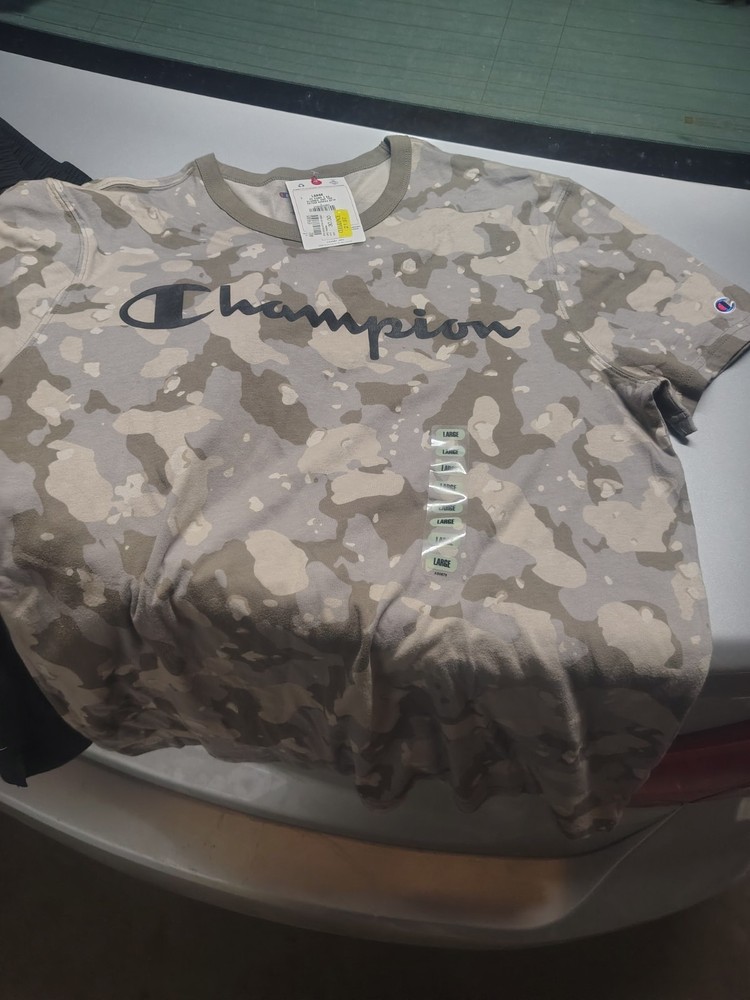 Champion Men's L Gray/Beige Camo Logo Crew Neck Short Sleeve T-Shirt
