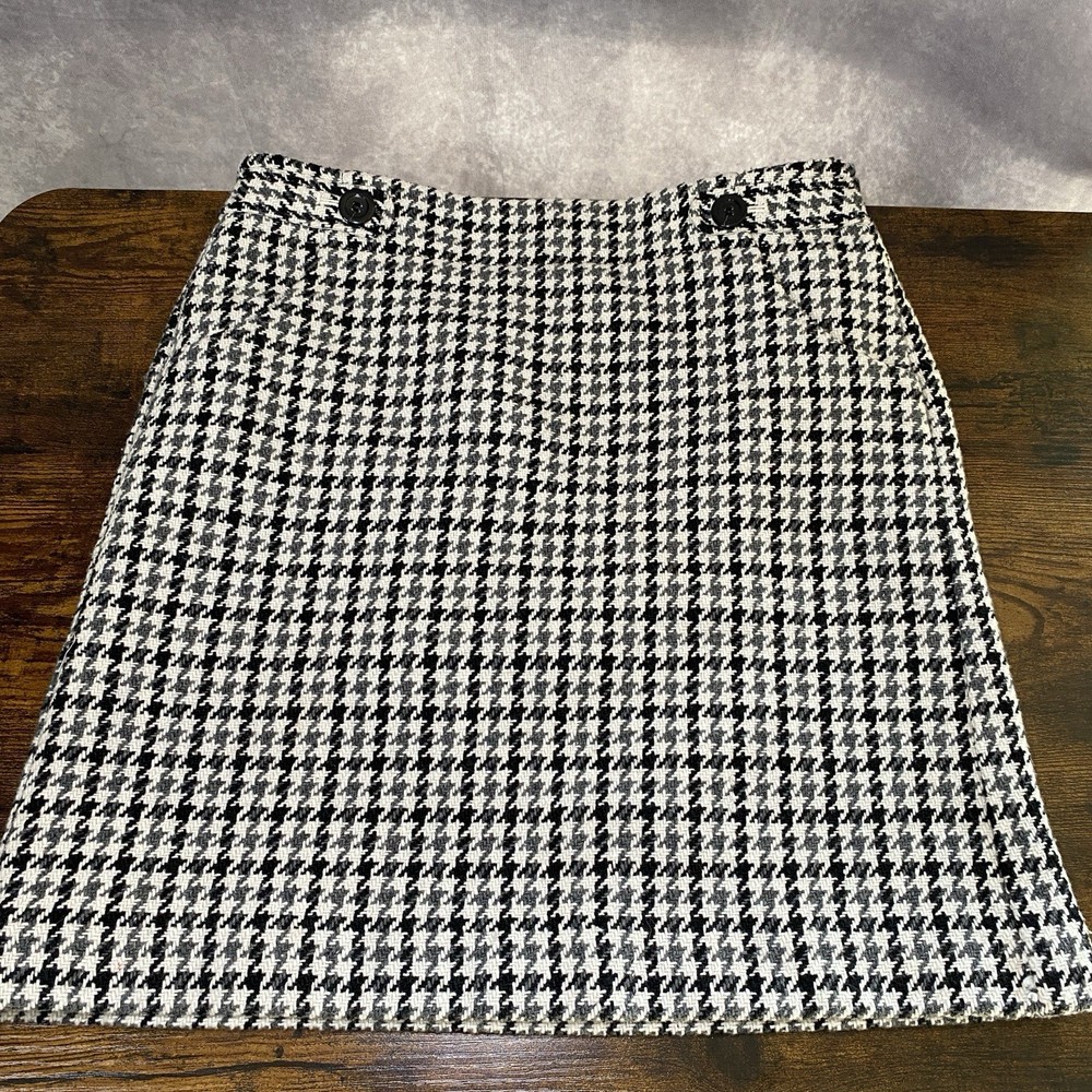 Ann Taylor Womens Sz 0P Skirt Black White Houndstooth Wool Straight Mini Pencil