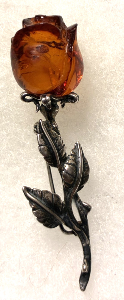Vintage 925 Sterling Silver Baltic Amber Carved Rose Flower Brooch Pin