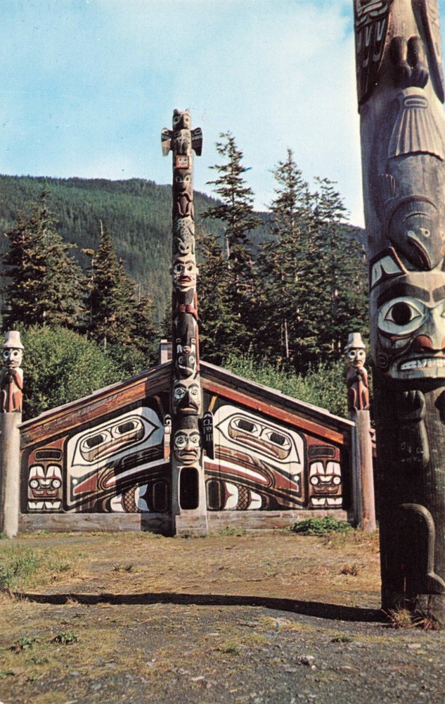 Postcard Indian Ceremonial House Totem Poles Ketchikan Alaska AK