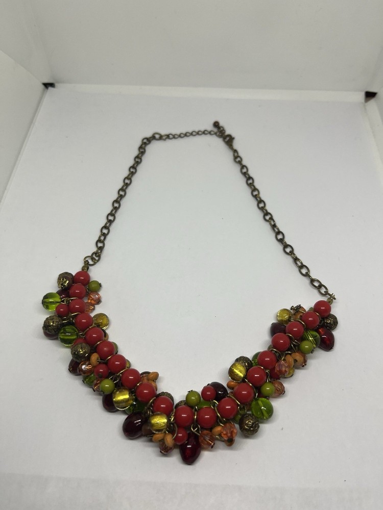 Vtg Goldtone Multicolor Bead MultiShapes  Cluster 17” Bib Statement Necklace