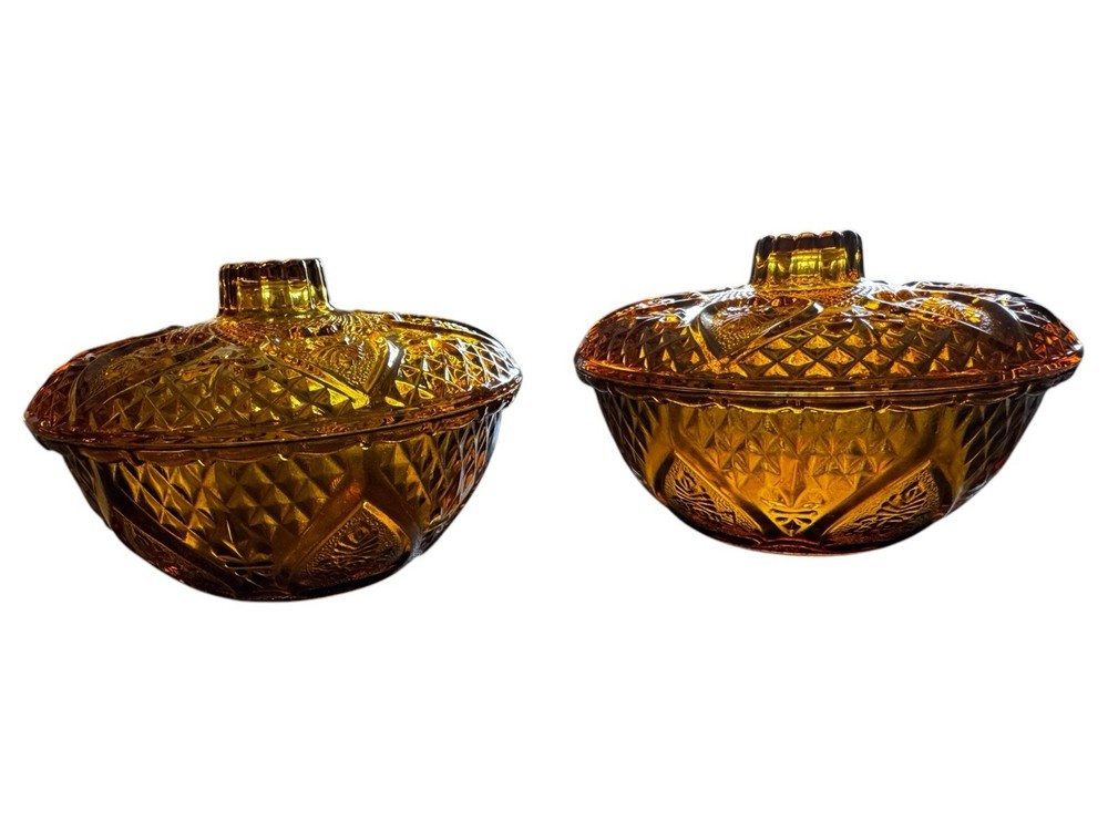Vintage FNG Indonesia Amber Glass Heart Rose Fleur De Lis Lidded Candy Dish