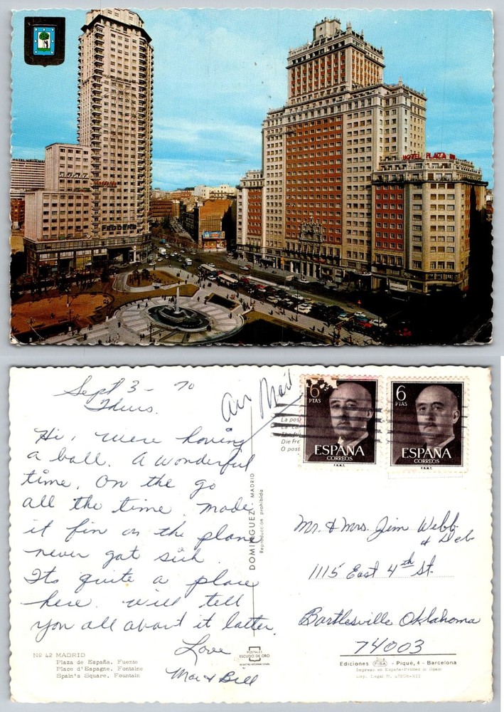 1970 Madrid Spain Plaza de España Torre de Madrid Edificio España Postcard