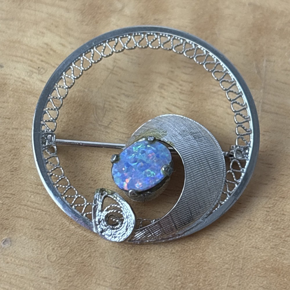 Vintage AMSEL Sterling Silver Brooch Signed Purple Gemstone