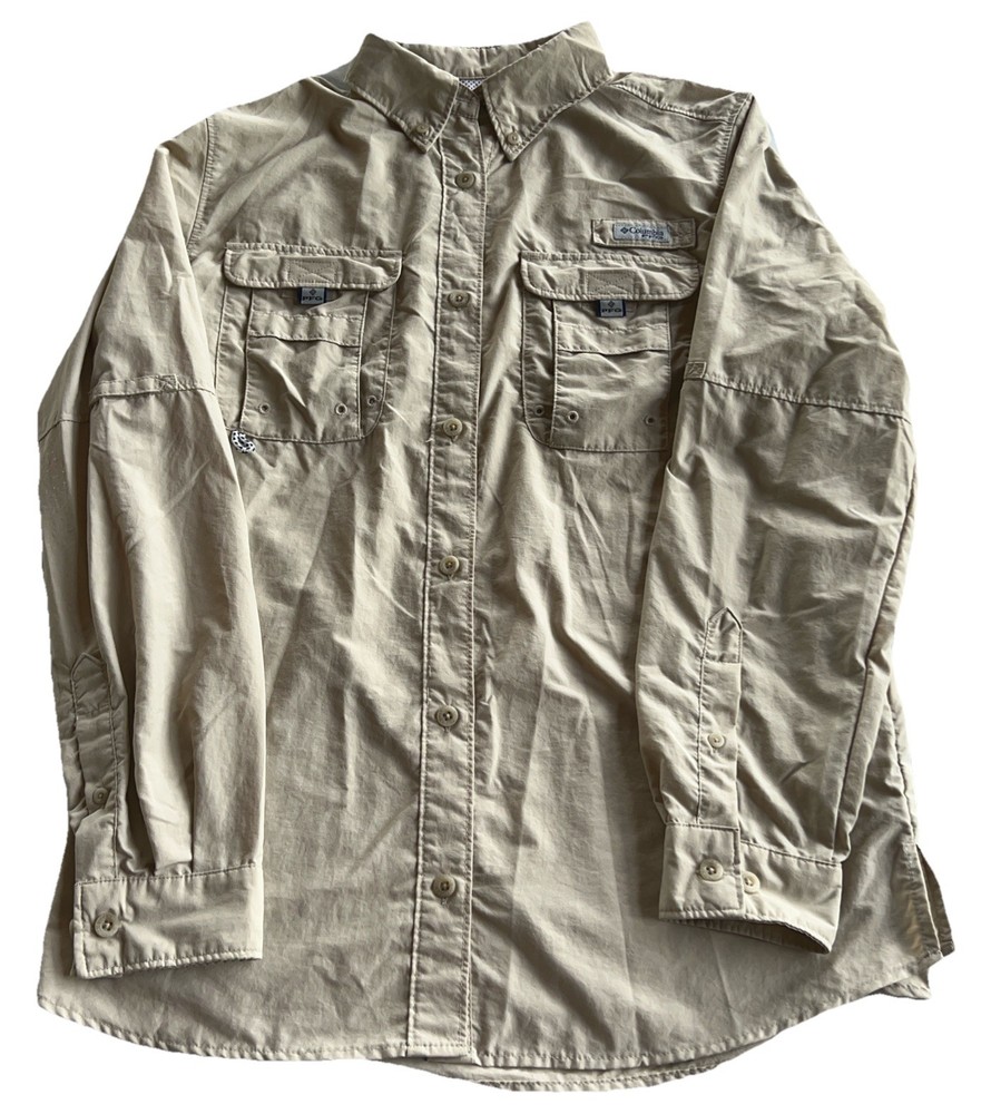 Columbia PFG Omni-Shade Fishing Shirt Mens Medium Tan Vented Long Sleeve Nylon