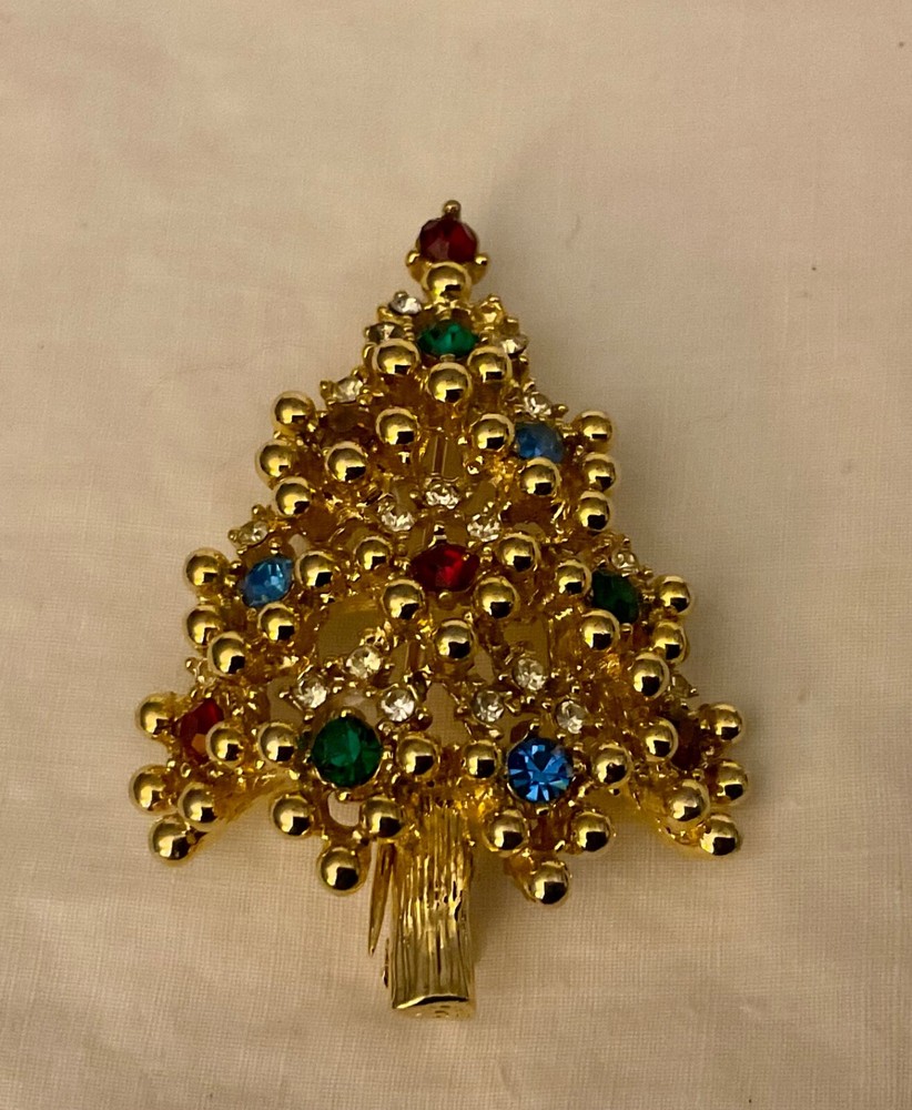 Vintage Eisenberg Multi Color Rhinestone Gold Tone Christmas Tree Brooch