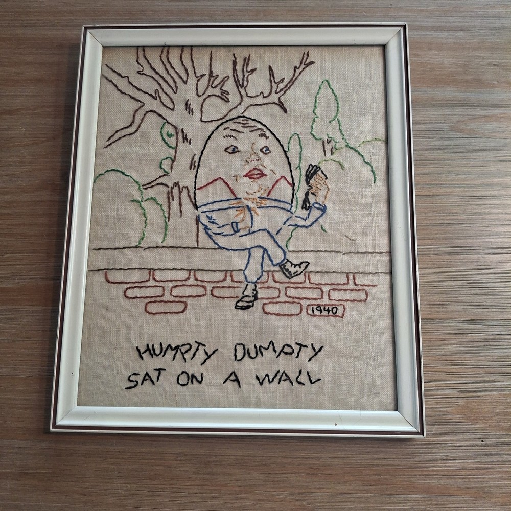 Vintage 1940 Hand Embroidered Humpty Dumpty Framed Needlepoint Nursery Rhyme Art