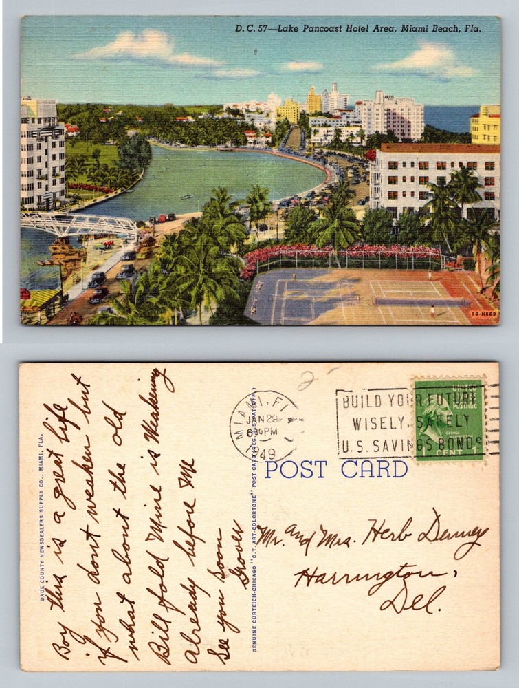 Miami Beach, FL-Florida, Lake Pancoast Hotel Waterfront Vintage c1949 Postcard