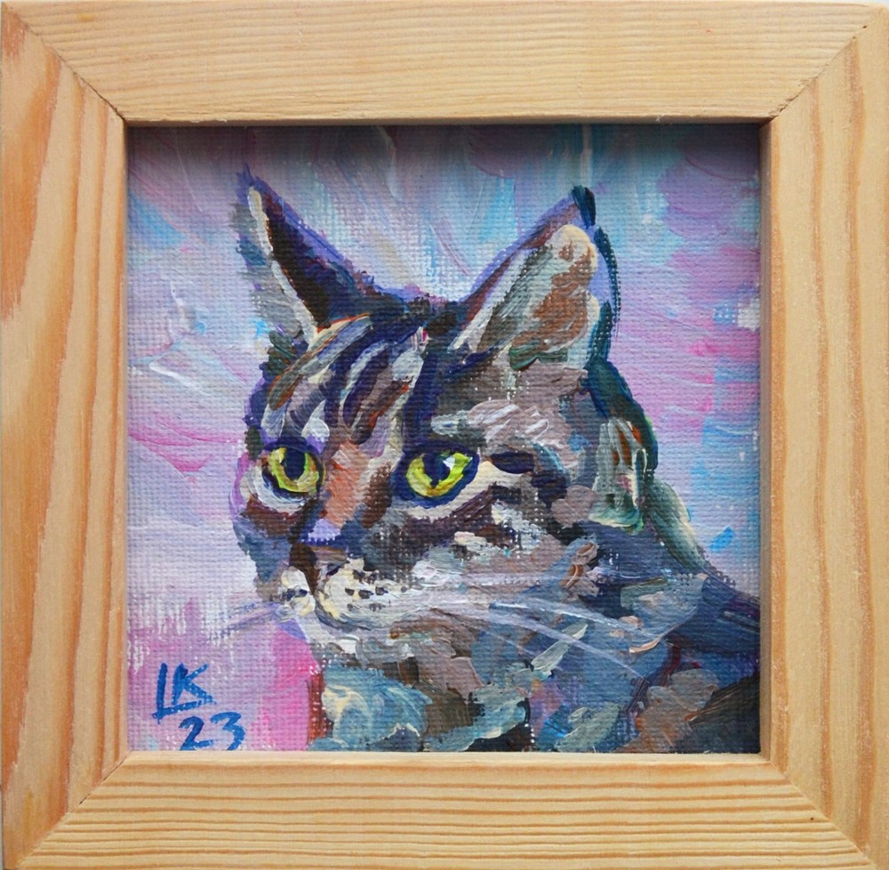 Original Framed Cat Portrait Painting Tabby Cat Expressive Green Eyes