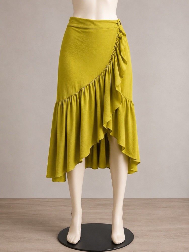 Emerson Lang Green Solid Wrap Midi Skirt Ruffle Layered Elastic Waist XL