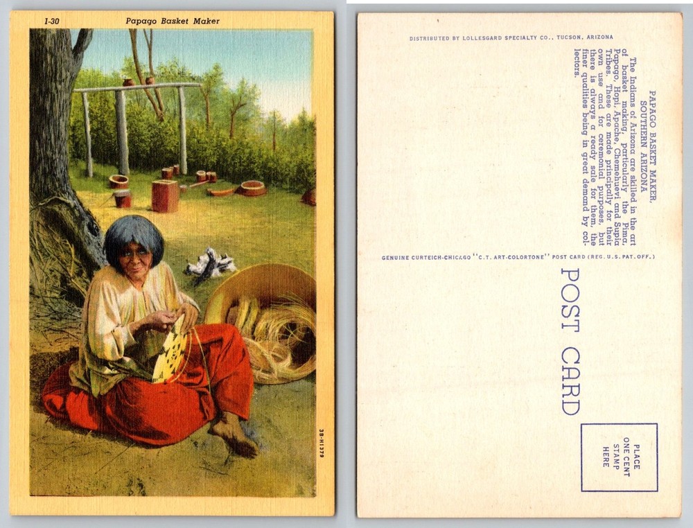 Vintage Papago Basket Maker Postcard Southern Arizona Curteich Linen 1943