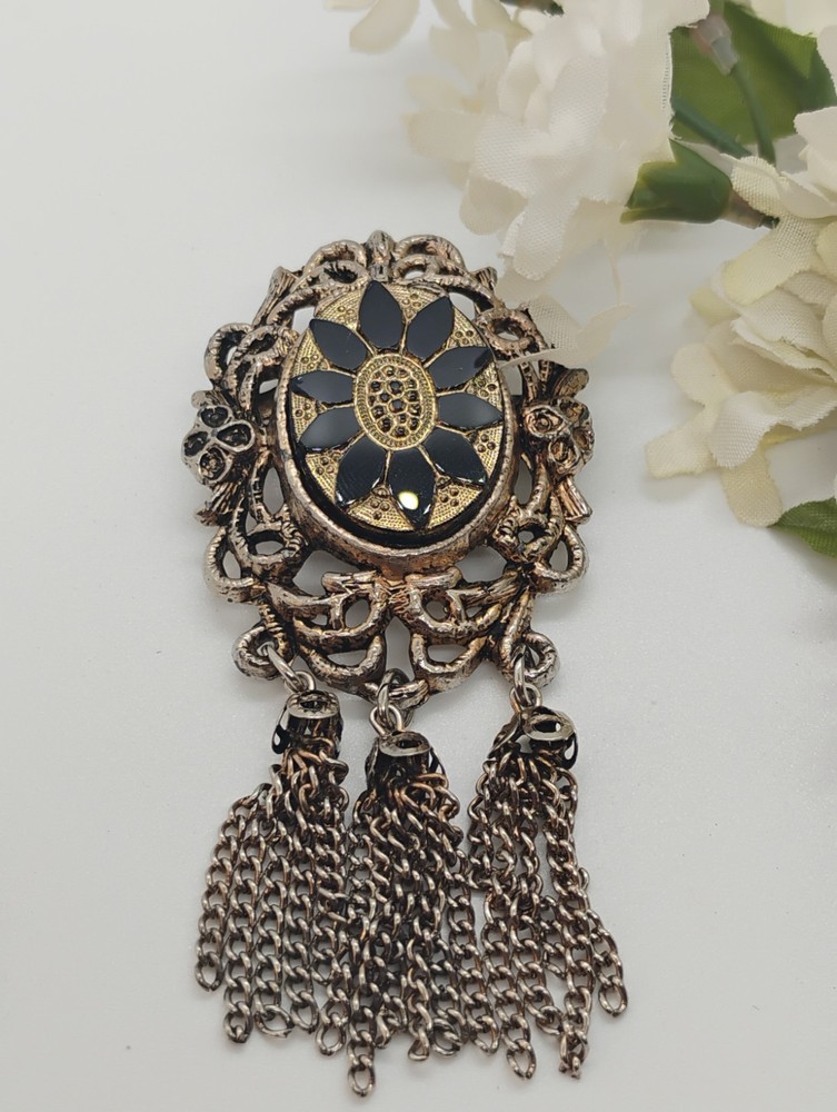 Black & Gold Tone Victorian Gothic Tassel Dangle Pendant Brooch Enamel Ware