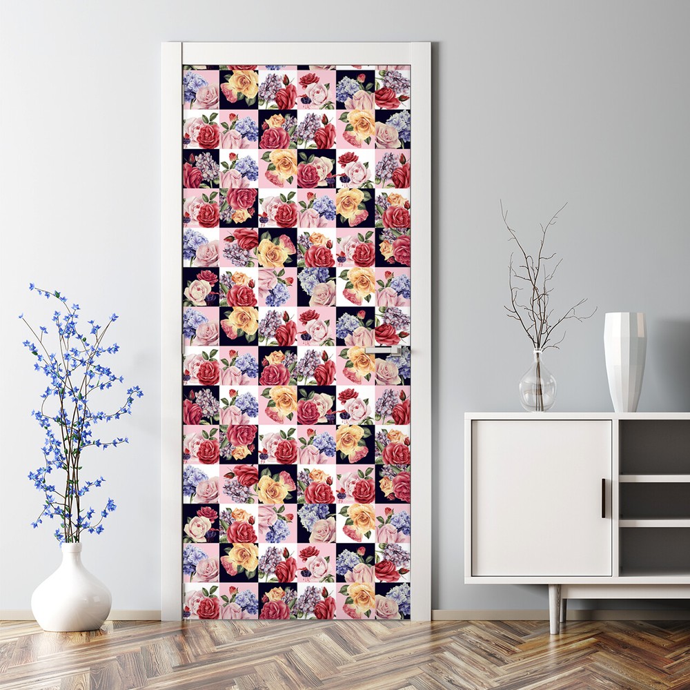 Romantic Patchwork Flower Bubble-Free Door Sticker for Colorful Home Decor  
