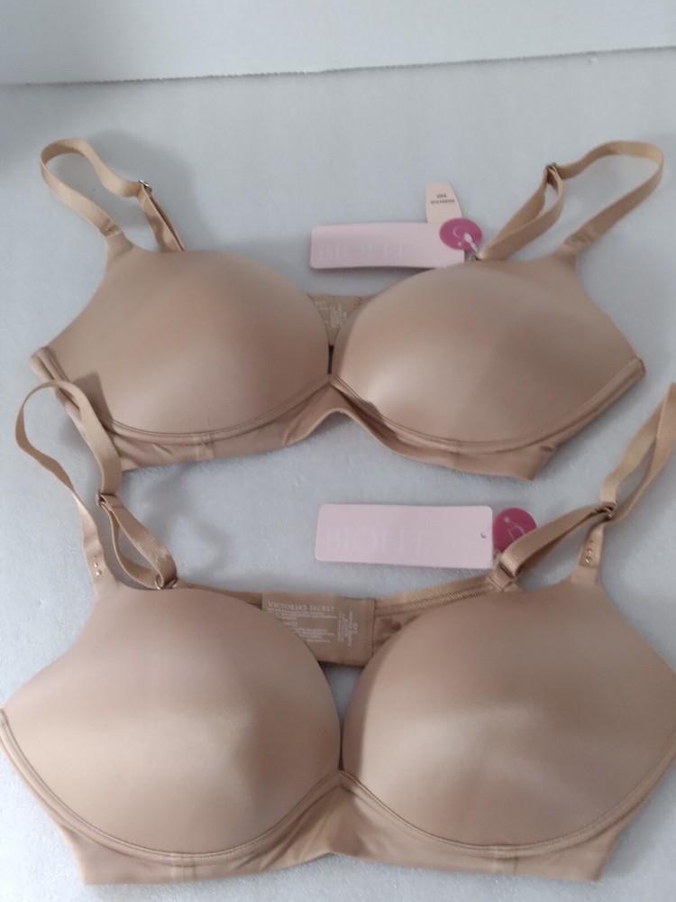 LOT OF 2 VICTORIA SECRET BIOFIT DEMI PADDED UPLIFT NO WIRE BEIGE SATIN BRA 34D
