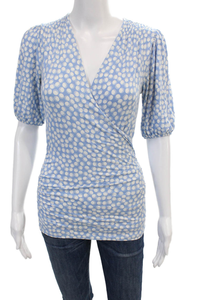 Boden Womens Polka Dot Print Short Sleeve V-Neck Stretch Blouse Blue Size 2Free Shipping in US $100+ Orders | $6.95 Orders Below