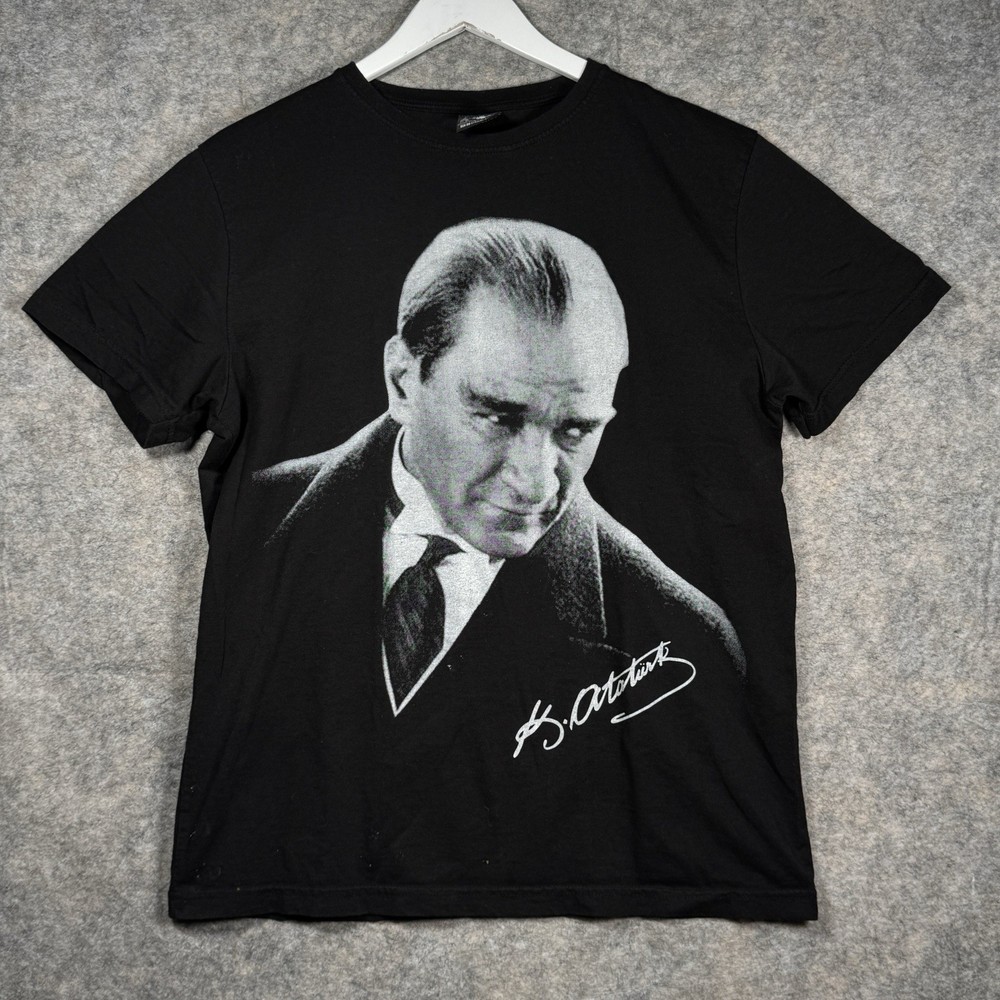 Vintage 90s Mustafa Kemal Ataturk Turkish Leader Black T Shirt Mens Size L 21x27