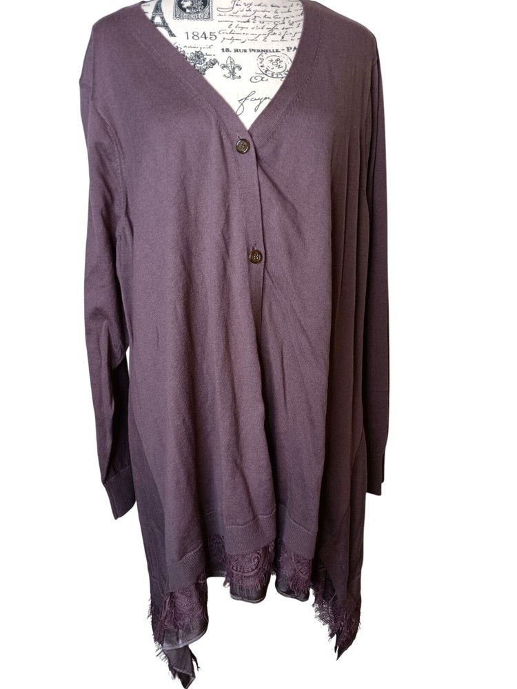 Logo Lori Goldstein 3X Tunic Top Dress Button Front Lace Trim, Lagenlook V Neck