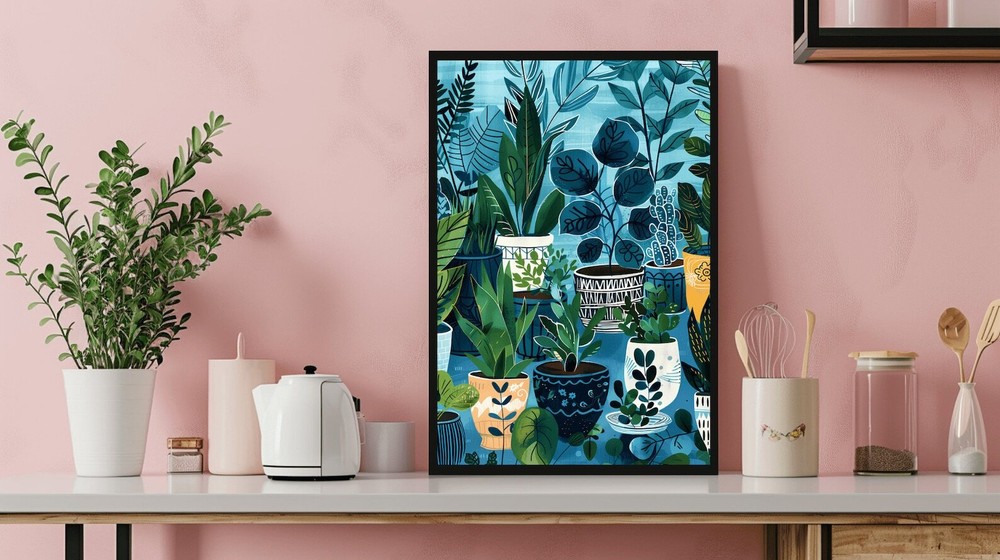 Maximalist Boho Botanical Wall Art Green Blue Floral Print Emerald Accents Blue