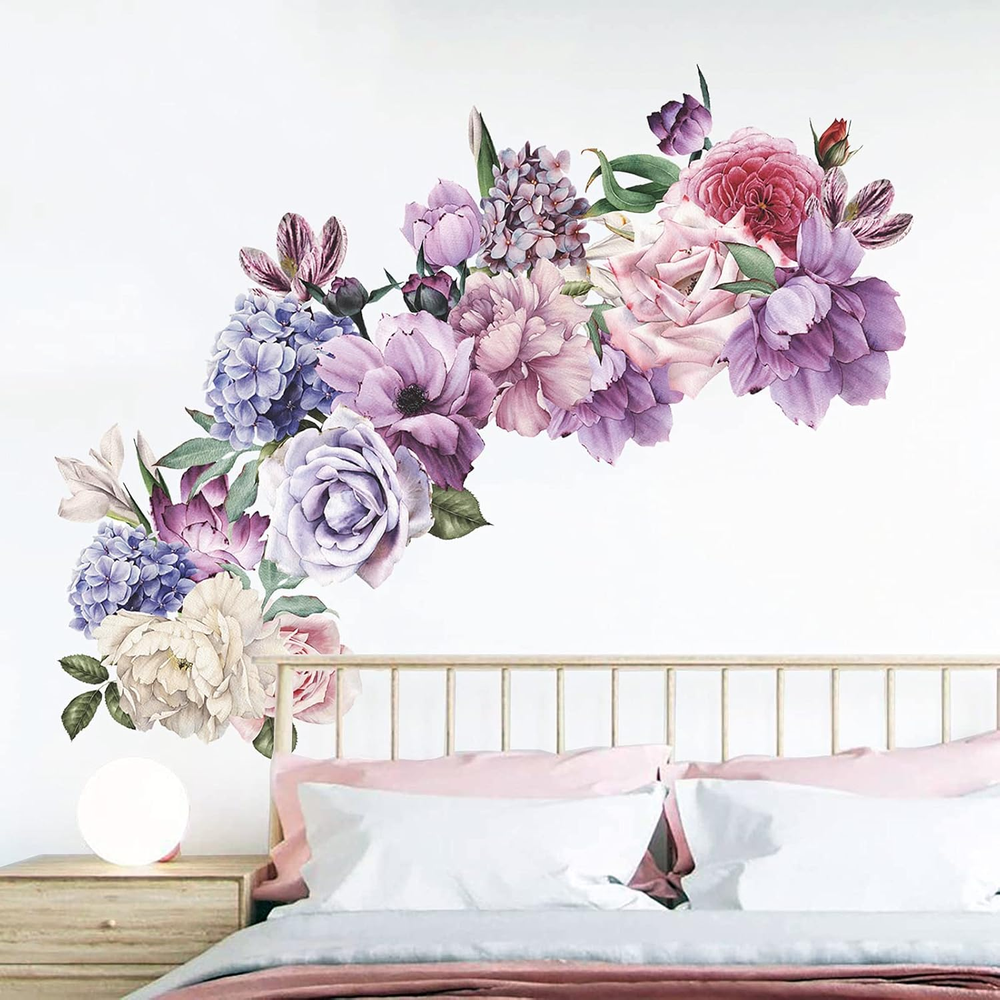 Flowers Wall Stickers Peony Rose Wall Decals for Living Room, 4 PCS Giant Peonie