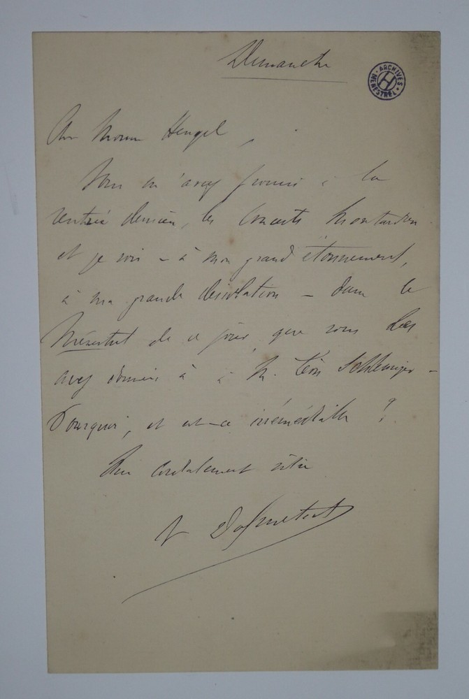 DOLMETSCH Victor - AUTOGRAPH LETTER SIGNED TO Henri HEUGEL, MENESTREL ARCHIVE