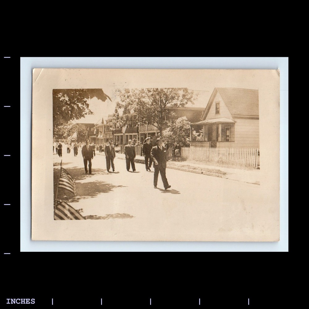 Old Vintage Photo PARADE STREET SCENE AMERICAN FLAG MEN MARCHING