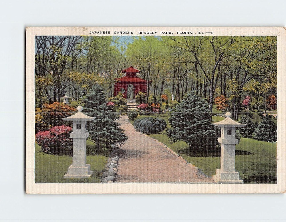 Postcard Japanese Gardens Bradley Park Peoria Illinois USA