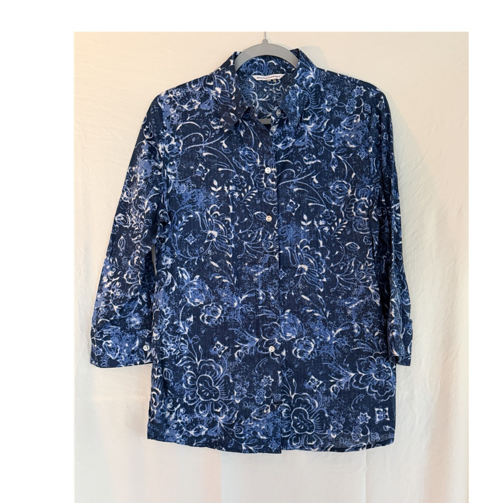 Allison Daley Floral Blouse Blue White Collared Button-Up 3/4 Sleeve Size S/M