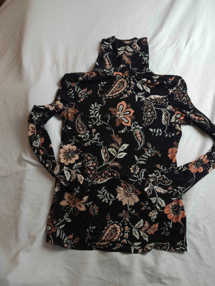 Boston Proper Shirt Womens Small Black Floral Paisley Turtleneck Long Sleeve