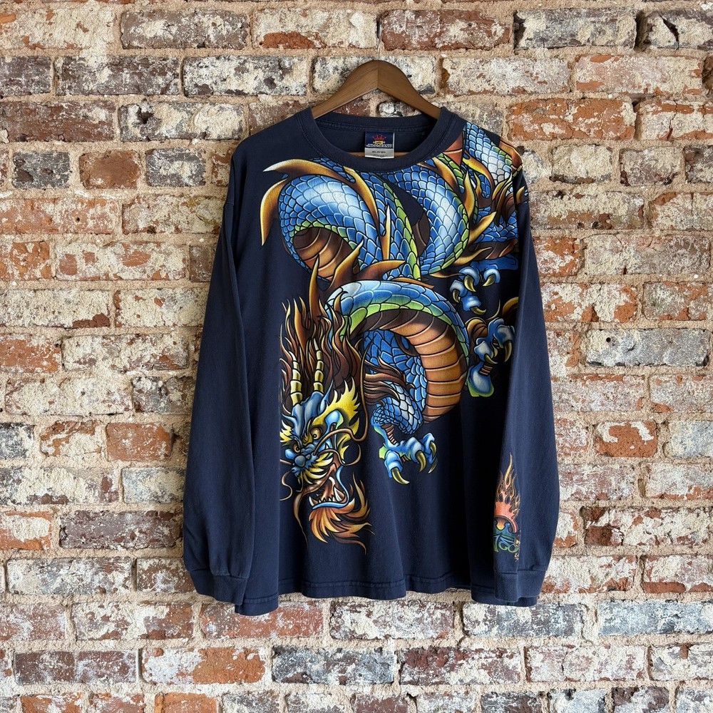 Vintage 90’s JNCO Dragon Long Sleeve Shirt Size XL Navy Blue