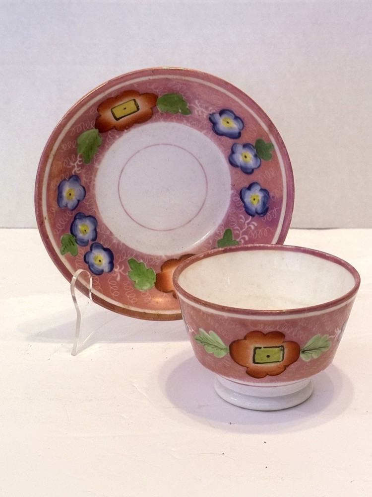 19c English Sunderland Pink Lustre Staffordshire Tea Bowl Cup & Saucer c1860