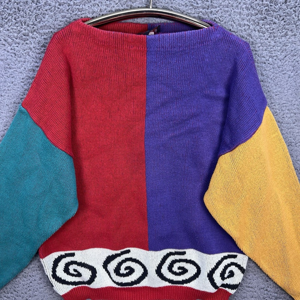 Sunbelt Sweater Womens Size OS Multicolor Colorblock Swirl Cotton Knit VTG 80s