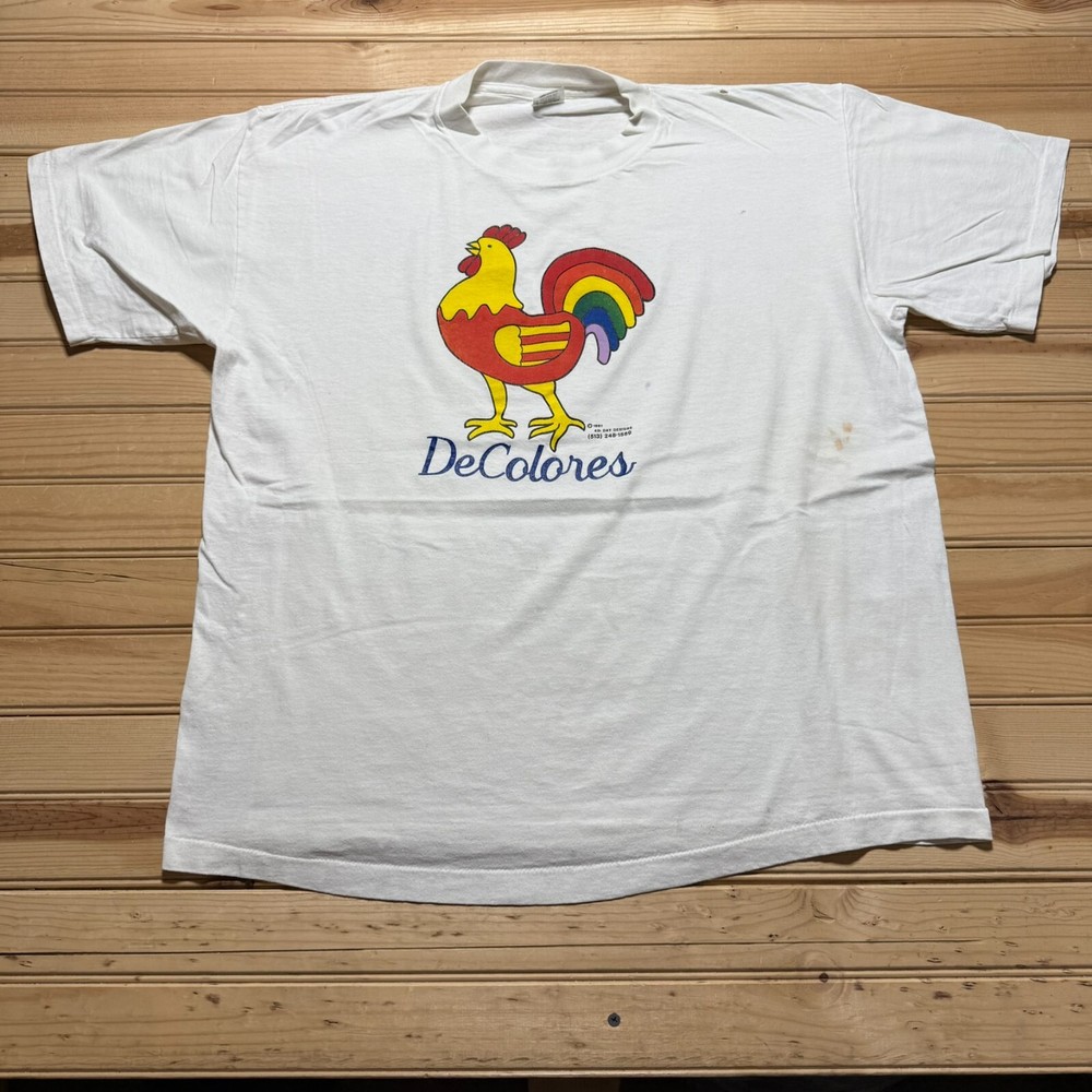 Vintage 90s 1991 De Colores Decolores Mexican Folk Art Rainbow Chicken Shirt XL