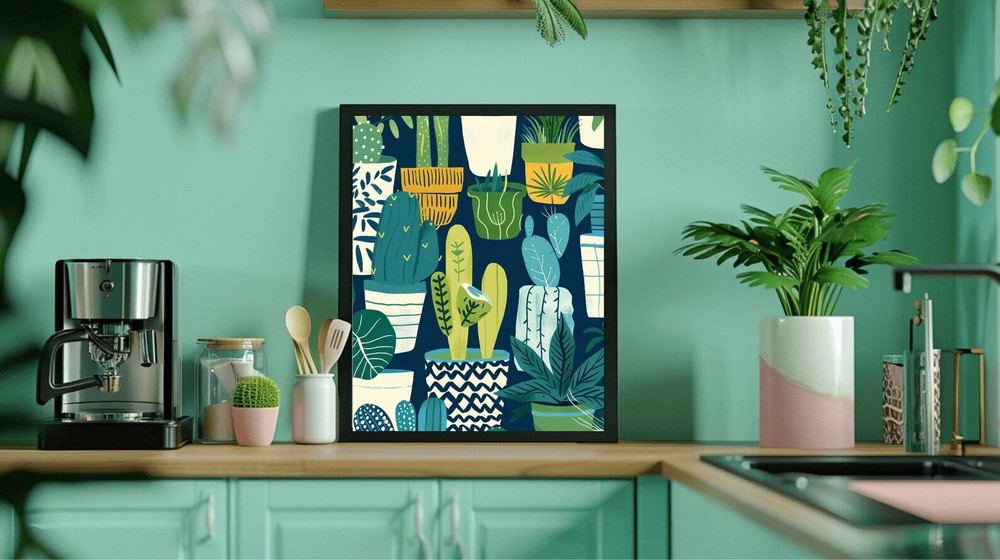 Boho Green Botanical Wall Art Green Blue Cactus Art Emerald Accents Cottage