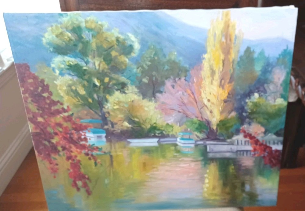 Lake Dock Scene Oil Painting On Canvas Unsigned 20 X 24