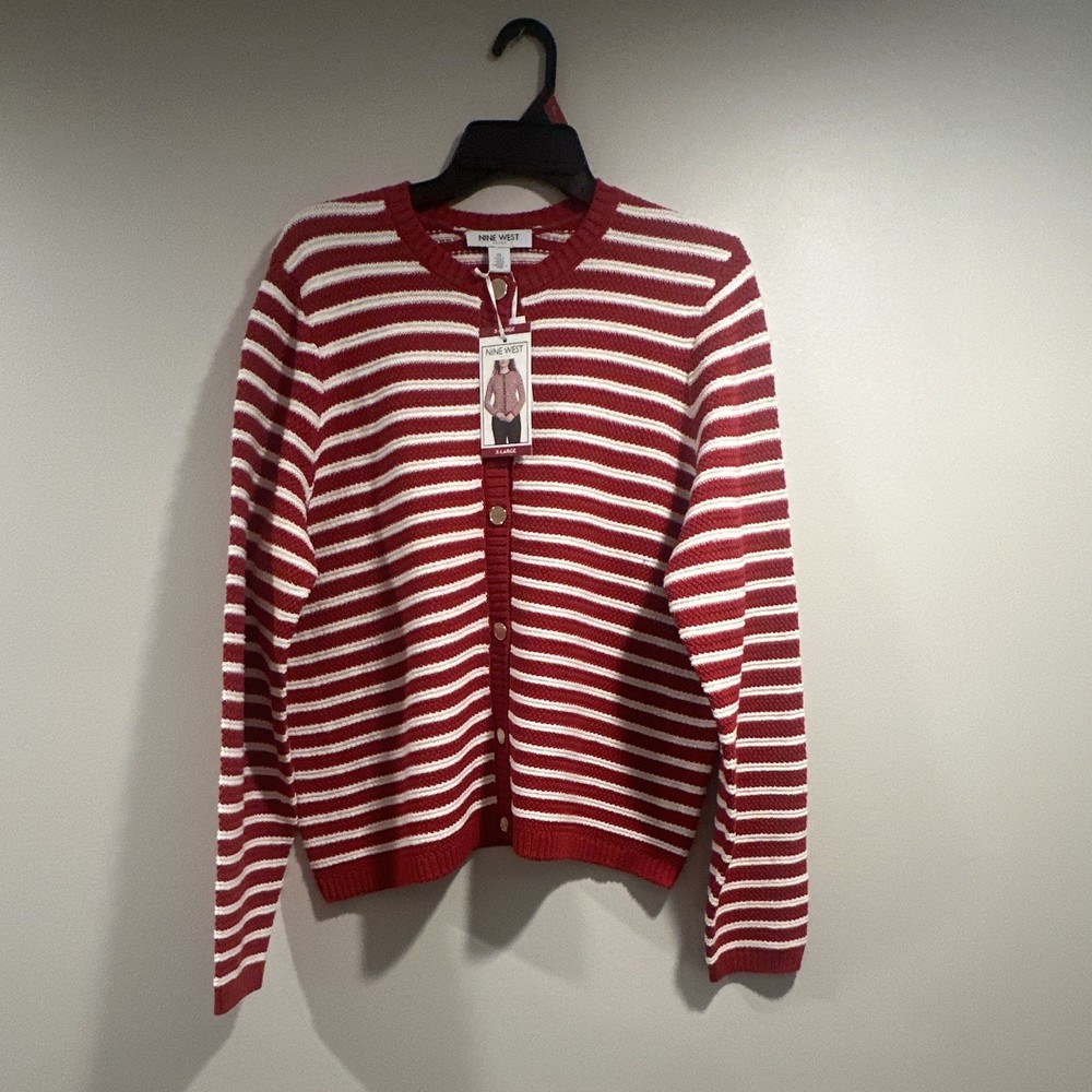 Nine West Jeans Women's Striped Red/White Button-Front Crew Neck Cardigan XL