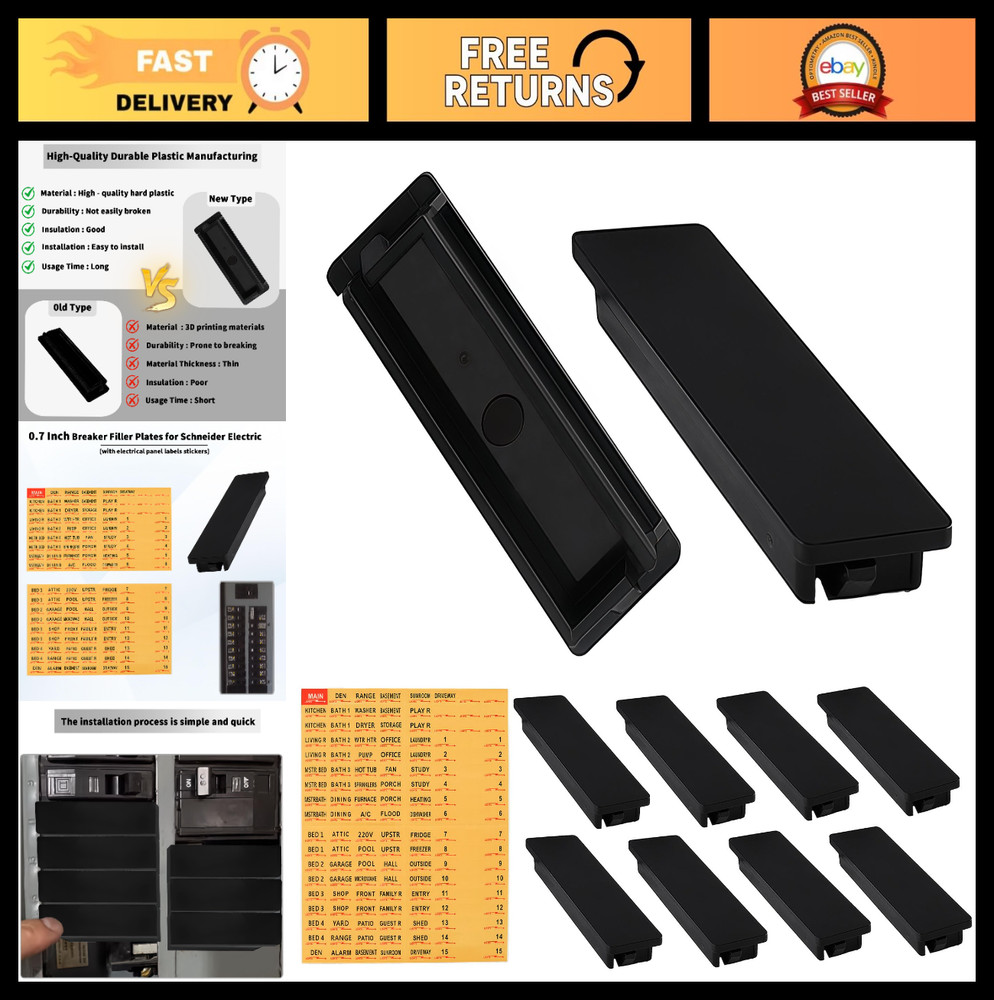 10 Pack Circuit Breaker Filler Plates with Electrical Panel Labels - 0.7 Inch Bl
