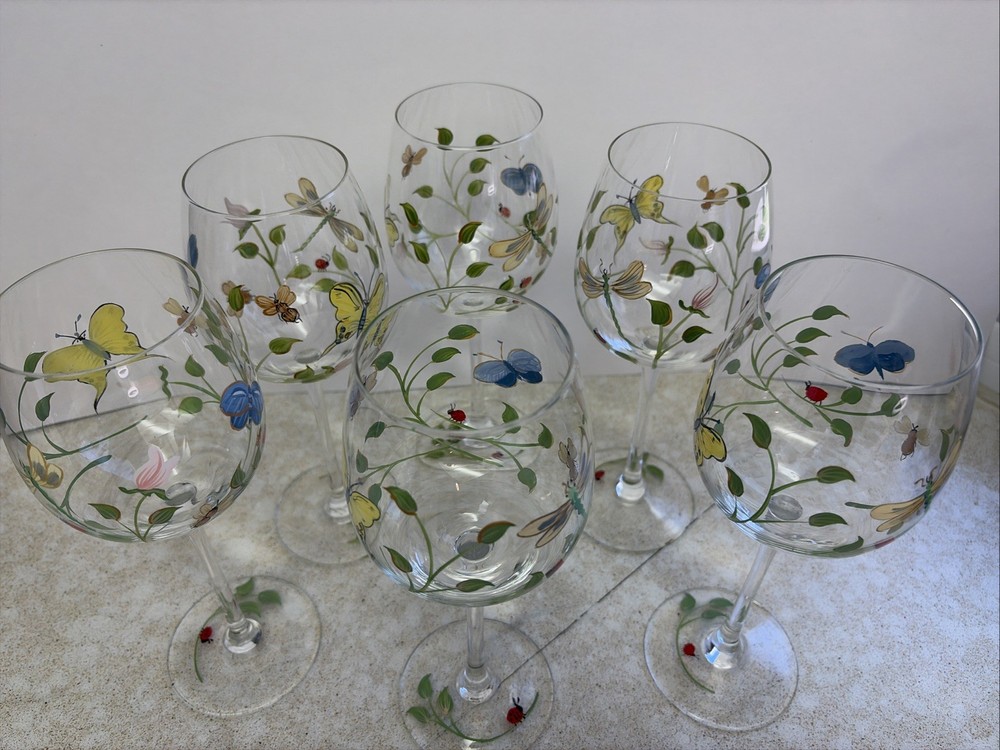Gorgeous Lenox Butterfly Meadow Hand Painted Wine Glasses Water Goblets Set Of 6