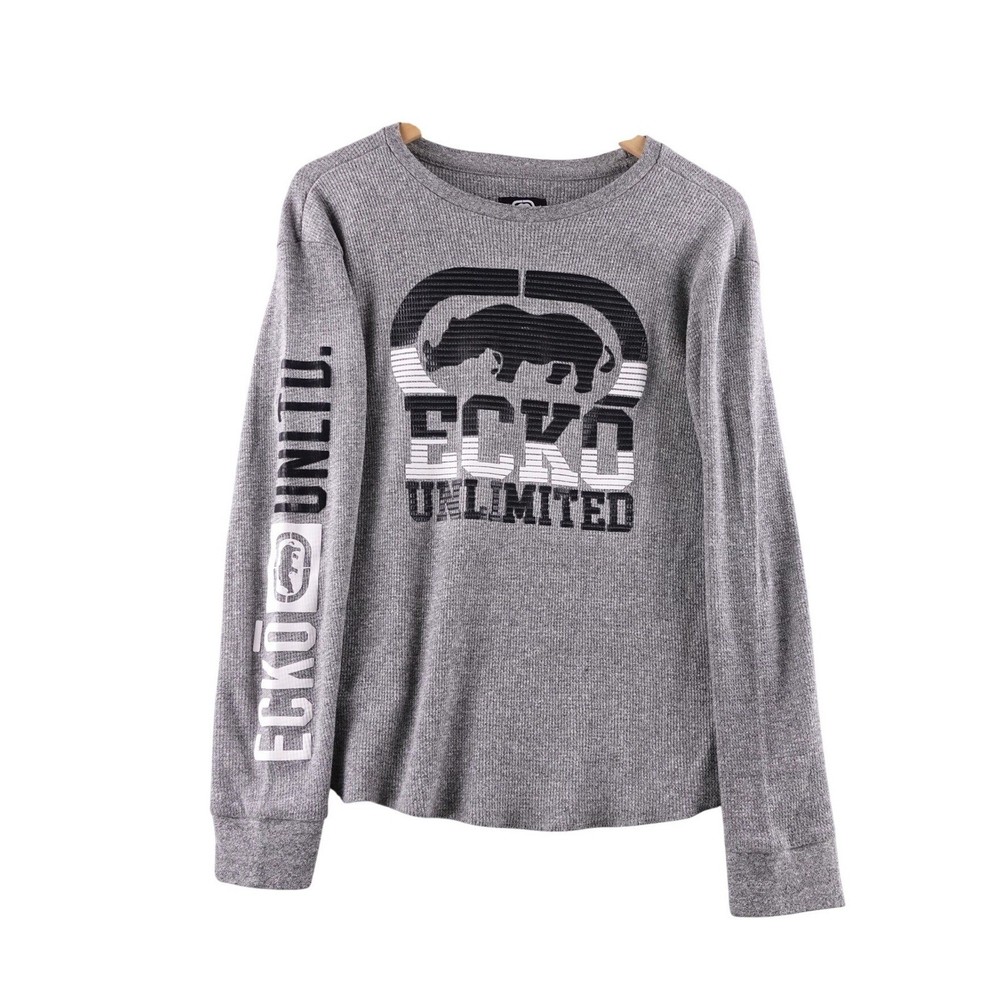 Ecko Unltd Mens M Gray Waffle Knit Long Sleeve Thermal Shirt Rhino Logo Y2K
