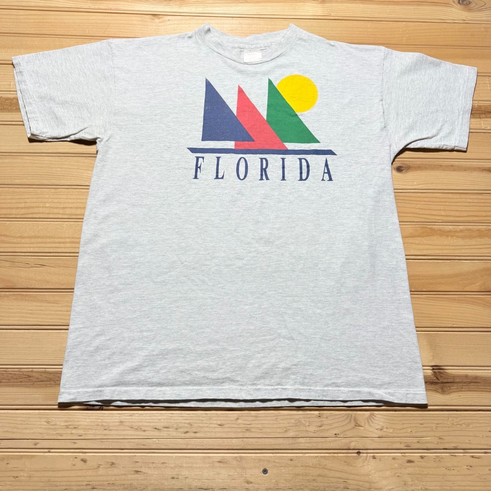 Vintage 90s Florida Geometric Abstract Art Sailboat Sun Graphic T-Shirt - Large-image