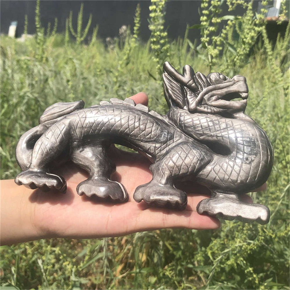 500g Natural Carved Silver obsidian dragon Figurines Reiki Quartz Crystal Skull