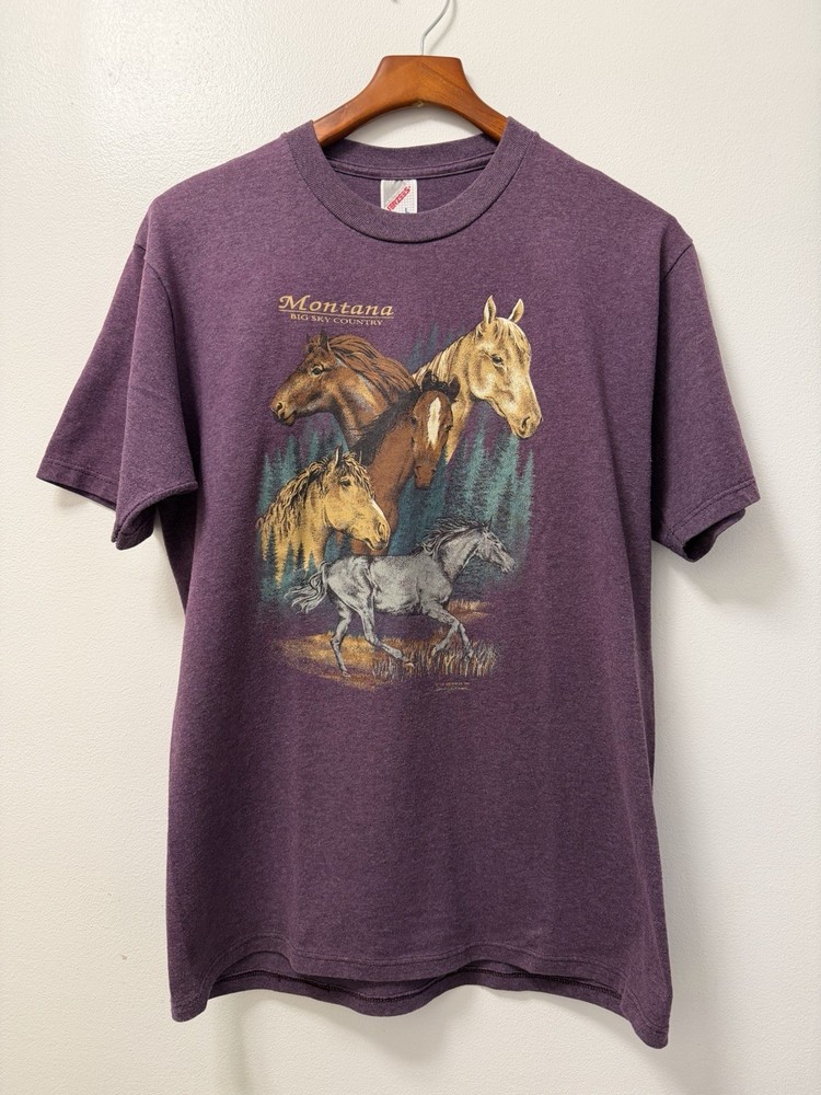 VTG Montana Running Horses Purple T Shirt Men’s Large Nature Tee USA Made 90s