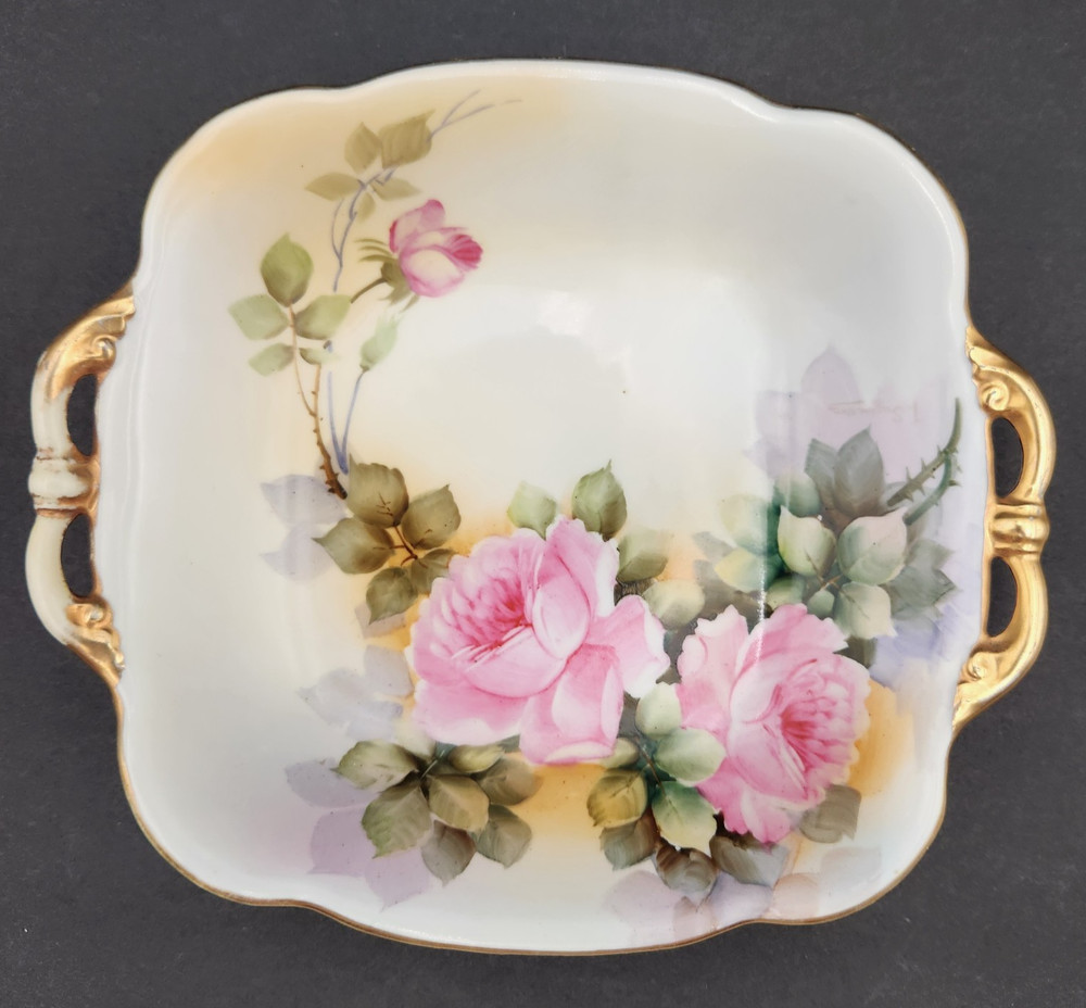 Nippon porcelain dish hand painted roses square bowl gold accents handles