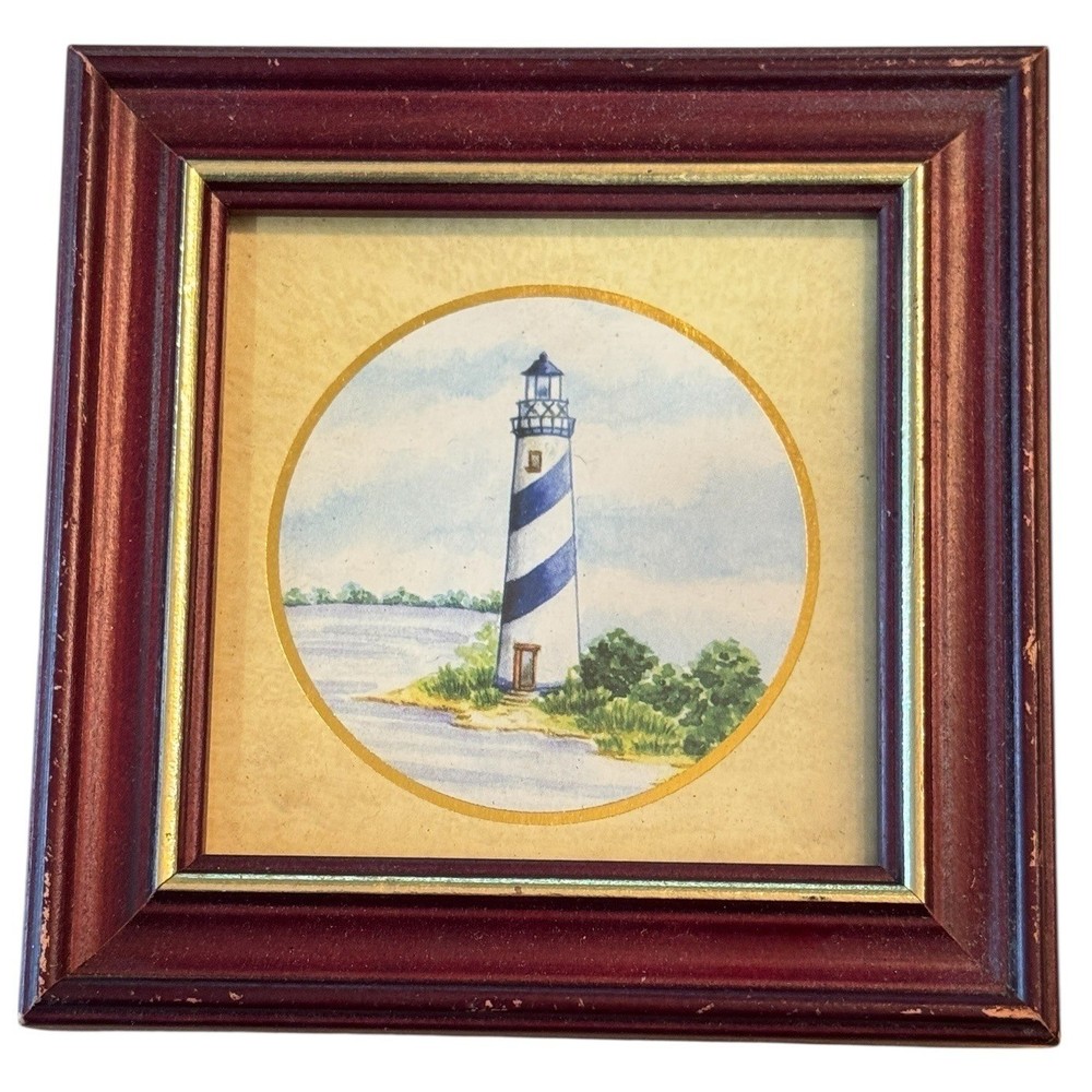 Vintage Lighthouse Watercolor Framed Mini Art Nautical Coastal Decor 4